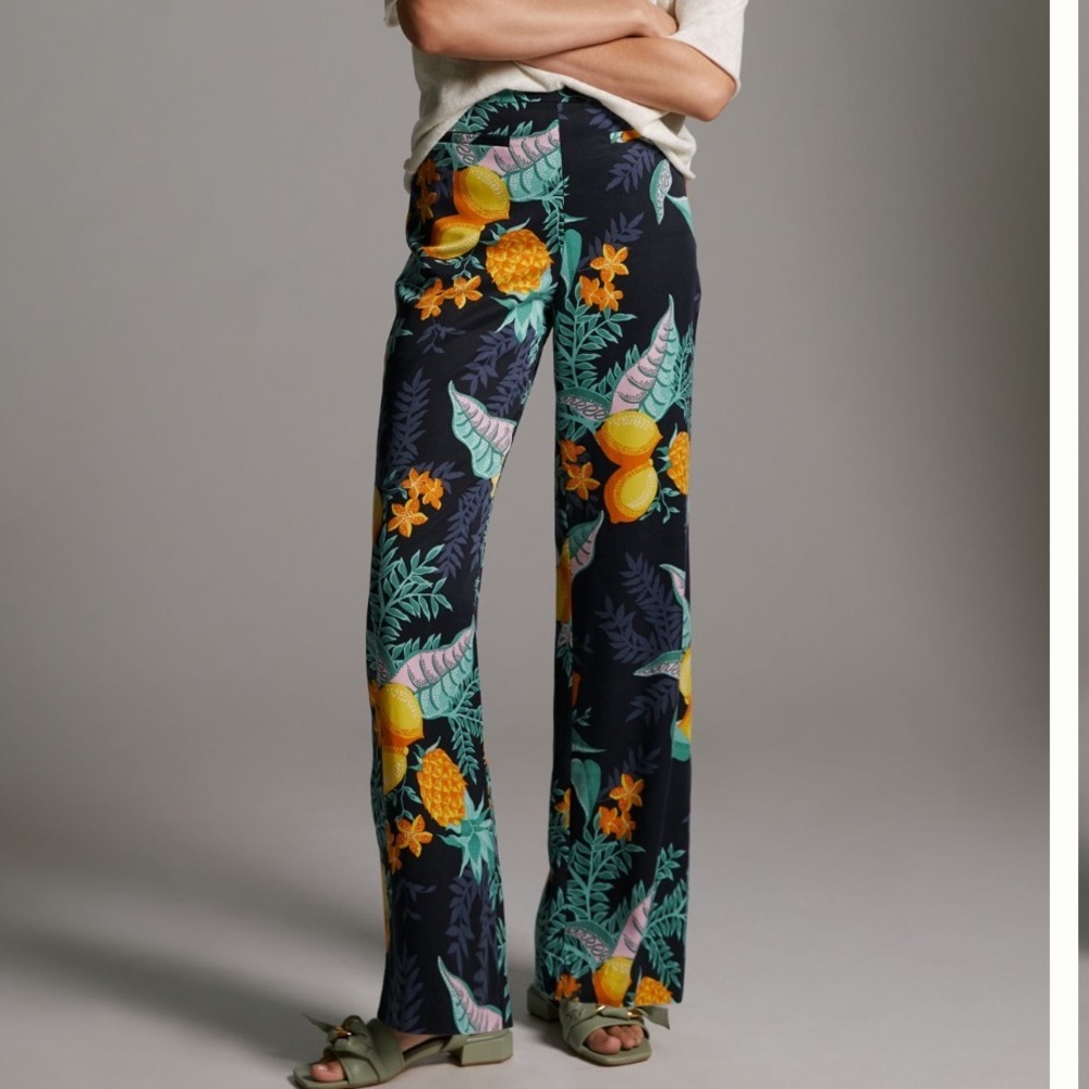 Anthropologie Maeve Escape Printed Wide Leg Pants Lemon Fruit